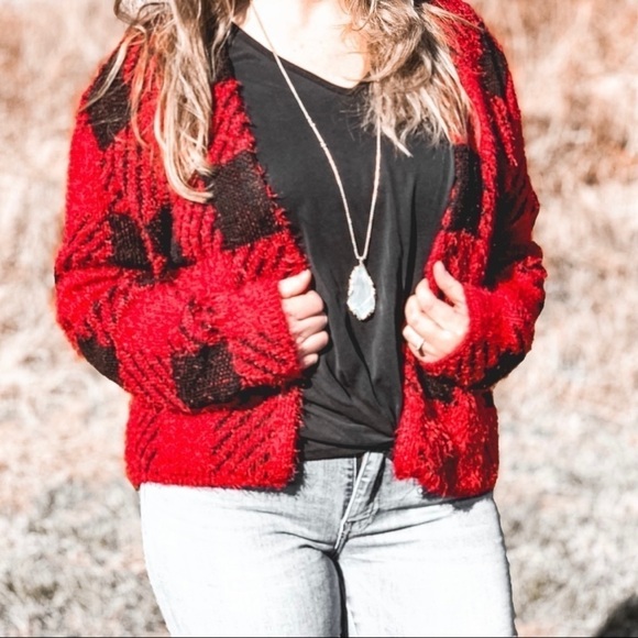 August Silk Feathered Buffalo Plaid Open Buffalo Check Cozy Soft Cardigan Large - Picture 1 of 9